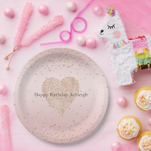 Rosa Glitzer Liebe Gold Confetti Herzstück Pappteller (Party)
