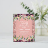 Rosa Glitzer Lila Floral 100. Geburtstag Karte (Stehend Vorderseite)