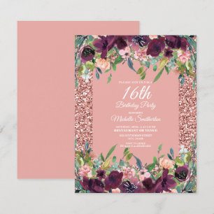 Rosa Glitzer Lila Floral Girl's 16. Geburtstag Karte