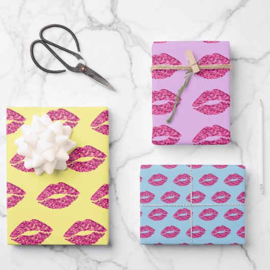 Rosa Glitzer Lippen Geschenkpapier Set (Vorderseite)