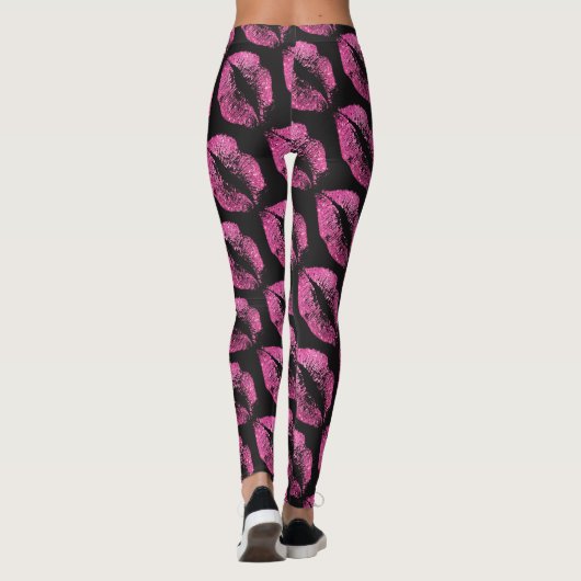 Rosa Glitzer Lippen Modernes Schwarzes Leggings (Rückseite)