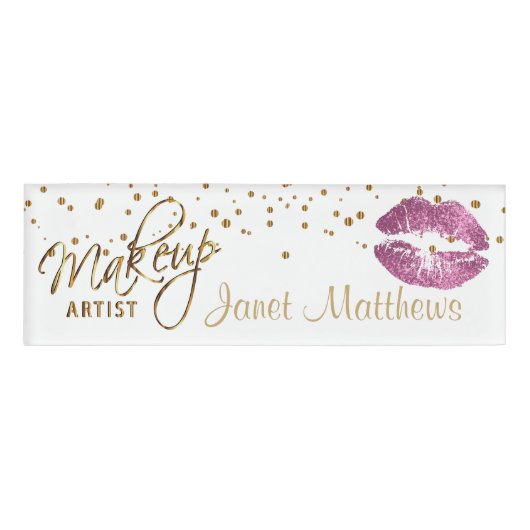 Rosa Glitzer Lips & Elegante Goldenen Flecken Namenschild (Vorderseite)