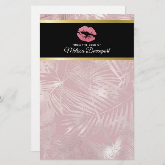 Rosa Glitzer Lips & Rose Gold Tropische Blätter Briefpapier (Vorne/Hinten)