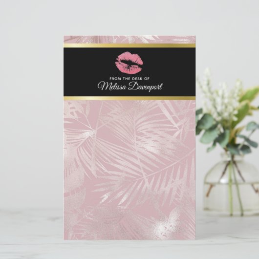 Rosa Glitzer Lips & Rose Gold Tropische Blätter Briefpapier (Stehend Vorderseite)