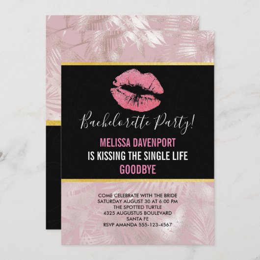 Rosa Glitzer Lips & Rose Gold Tropische Blätter Einladung (Vorne/Hinten)