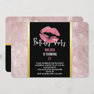 Rosa Glitzer Lips & Rose Gold Tropische Blätter Einladung
