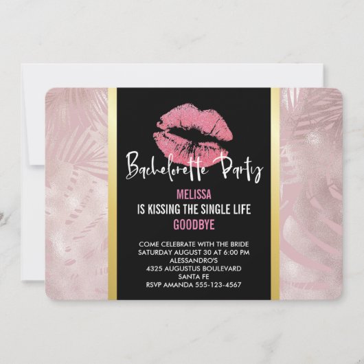 Rosa Glitzer Lips & Rose Gold Tropische Blätter Einladung (Vorderseite)