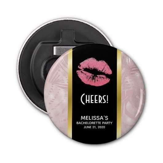 Rosa Glitzer Lips & Rose Gold Tropische Blätter Flaschenöffner (Vorderseite)