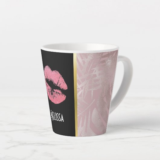 Rosa Glitzer Lips & Rose Gold Tropische Blätter Milchtasse (Rechte Ecke)