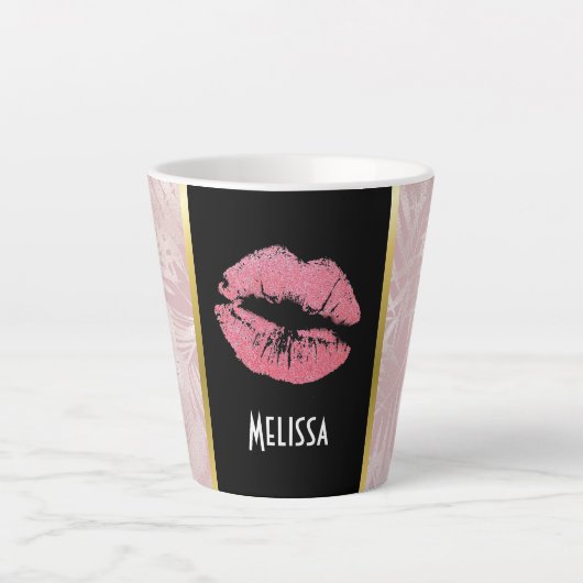 Rosa Glitzer Lips & Rose Gold Tropische Blätter Milchtasse (Vorderseite)