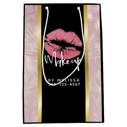 Rosa Glitzer Lips & Rose Gold Tropische Blätter Mittlere Geschenktüte (Vorderseite)