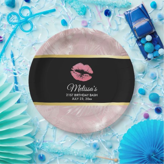 Rosa Glitzer Lips & Rose Gold Tropische Blätter Pappteller (Party)