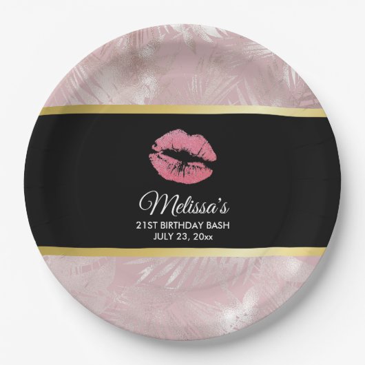 Rosa Glitzer Lips & Rose Gold Tropische Blätter Pappteller (Vorderseite)