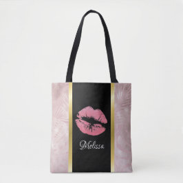Rosa Glitzer Lips & Rose Gold Tropische Blätter Tasche