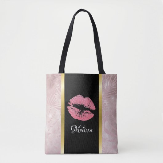 Rosa Glitzer Lips & Rose Gold Tropische Blätter Tasche (Vorderseite)