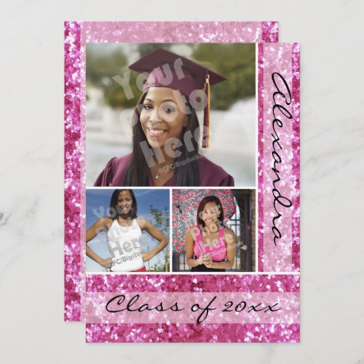 Rosa Glitzer-Look 3 Foto Abschluss Einladung (Vorne/Hinten)