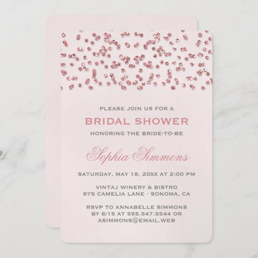 Rosa Glitzer Look Confetti Brautparty Einladung (Vorne/Hinten)