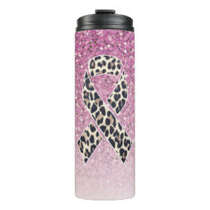 Rosa Glitzer mit Leopard Print Awareness Ribbbbons Thermosbecher