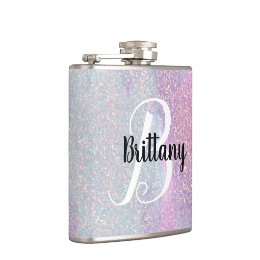 Rosa Glitzer Mit Monogramm Flachmann (Rechts)