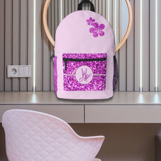 Rosa Glitzer Mit Monogramm mit Blume Bedruckter Rucksack