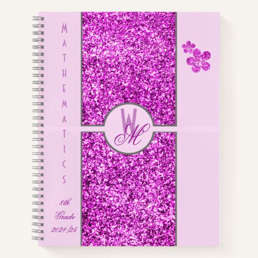 Rosa Glitzer Mit Monogramm mit Blume Notizblock (Vorderseite)