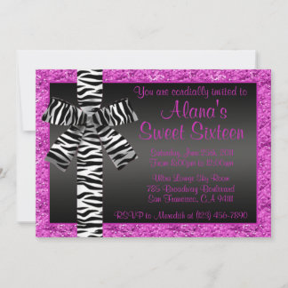 Rosa Glitzer mit Zebra Druckbogen einladen Einladung