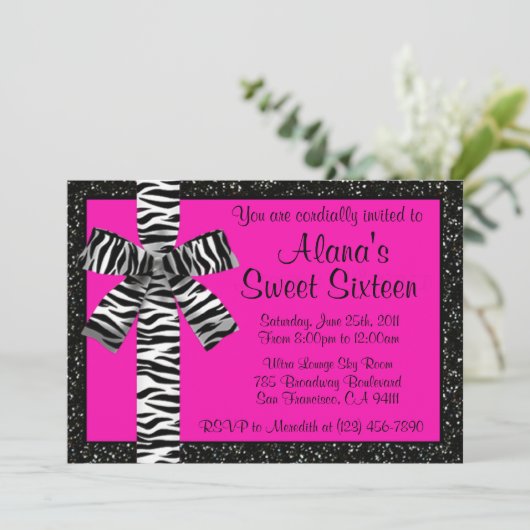 Rosa Glitzer mit Zebra Druckbogen einladen Einladung (Stehend Vorderseite)