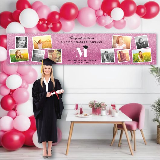 Rosa Glitzer Monogram 10 Foto Graduation Party Banner