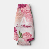 Rosa Glitzer Monogramm Blütenluxus Flaschenkühler (Vorderseite)