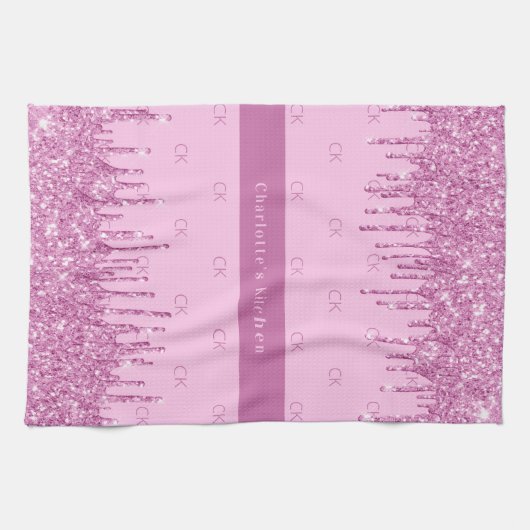 Rosa Glitzer-Monogramm Geschirrtuch (Horizontal)