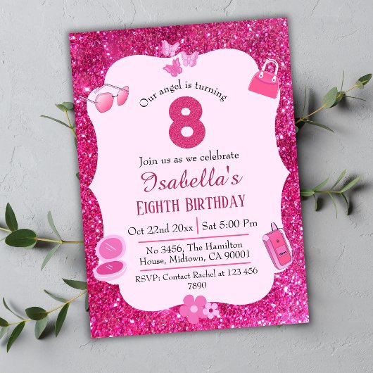 Rosa Glitzer niedlich lebendig funkelnd 8. Geburts Einladung
