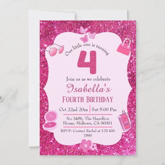 Rosa Glitzer niedlich lebendig funkelnd am 4. Gebu Einladung (Vorderseite)