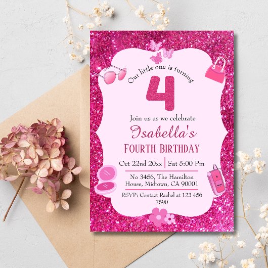 Rosa Glitzer niedlich lebendig funkelnd am 4. Gebu Einladung