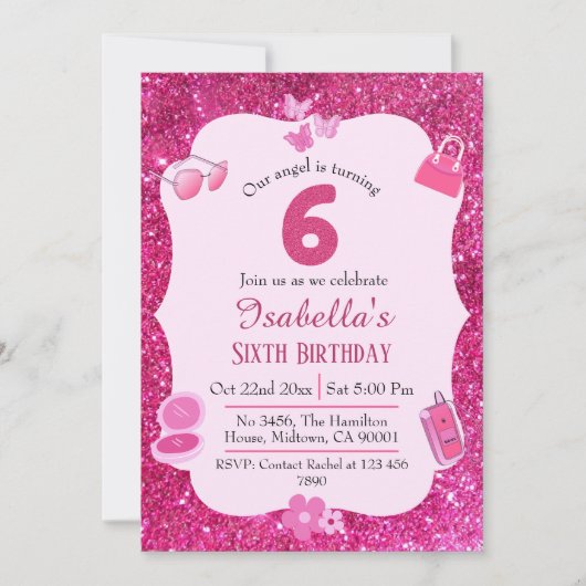 Rosa Glitzer niedlich lebendig funkelnder 6. Gebur Einladung (Vorderseite)