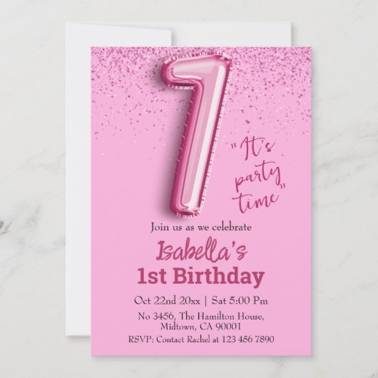 Rosa Glitzer niedlicher Ballon Nr.1 Mädchen 1. Geb Einladung (Vorderseite)