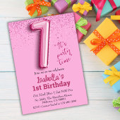 Rosa Glitzer niedlicher Ballon Nr.1 Mädchen 1. Geb Einladung