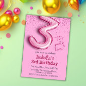 Rosa Glitzer niedlicher Ballon Nr.3 Mädchen 3. Geb Einladung
