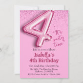 Rosa Glitzer niedlicher Ballon Nr.4 Mädchen 4. Geb Einladung (Vorderseite)