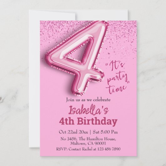 Rosa Glitzer niedlicher Ballon Nr.4 Mädchen 4. Geb Einladung (Vorderseite)