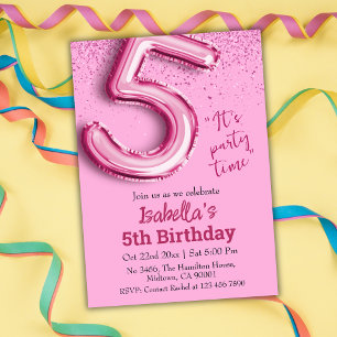 Rosa Glitzer niedlicher Ballon Nr.5 Mädchen 5. Geb Einladung