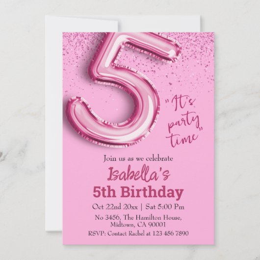 Rosa Glitzer niedlicher Ballon Nr.5 Mädchen 5. Geb Einladung (Vorderseite)