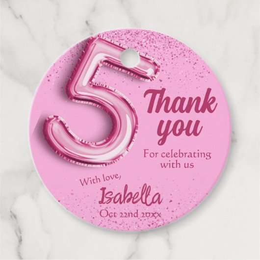 Rosa Glitzer niedlicher Ballon Nr.5 Mädchen 5. Geb Geschenkanhänger (Vorderseite)