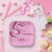 Rosa Glitzer niedlicher Ballon Nr.5 Mädchen 5. Geb Pappteller (Party)