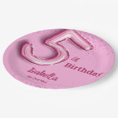 Rosa Glitzer niedlicher Ballon Nr.5 Mädchen 5. Geb Pappteller (Schrägansicht)