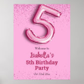 Rosa Glitzer niedlicher Ballon Nr.5 Mädchen 5. Geb Poster (Vorne)