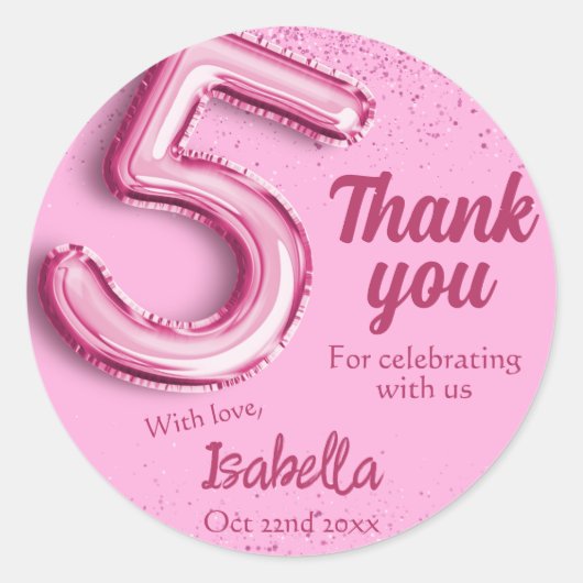 Rosa Glitzer niedlicher Ballon Nr.5 Mädchen 5. Geb Runder Aufkleber (Vorderseite)