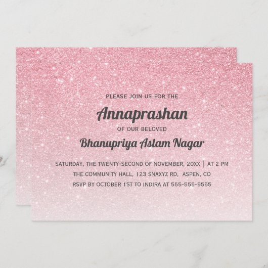 Rosa Glitzer Ombre Annaprashan First Rice Einladung (Vorne/Hinten)