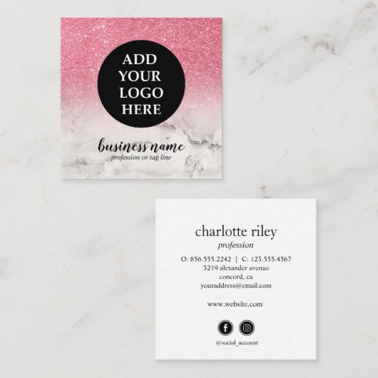 Rosa Glitzer Ombre Cursive Your Logo Social Symbol Quadratische Visitenkarte (Vorne/Hinten)