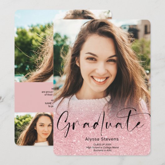Rosa Glitzer ombre script 4 Fotos Abschluss Ankündigung (Vorne/Hinten)