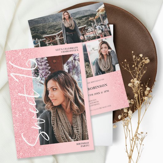 Rosa Glitzer ombre Skript 4 Foto Sweet 16 Einladung